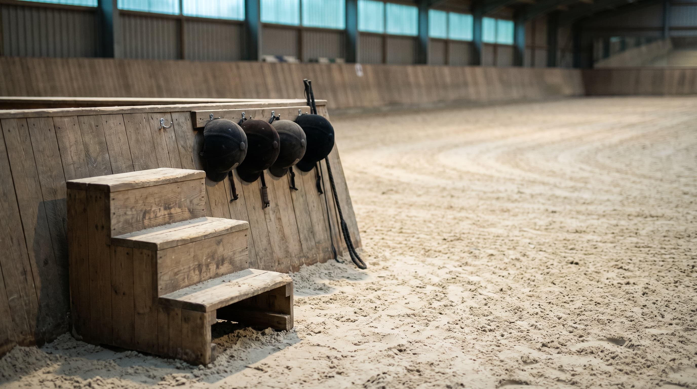 Die Ecke einer leeren Reithalle vor der ersten Stunde: eine hölzerne Aufstiegshilfe auf geharktem Sand, schwarze Reithelme an Haken entlang der hölzernen Bande und eine lange Gerte, die daneben lehnt.