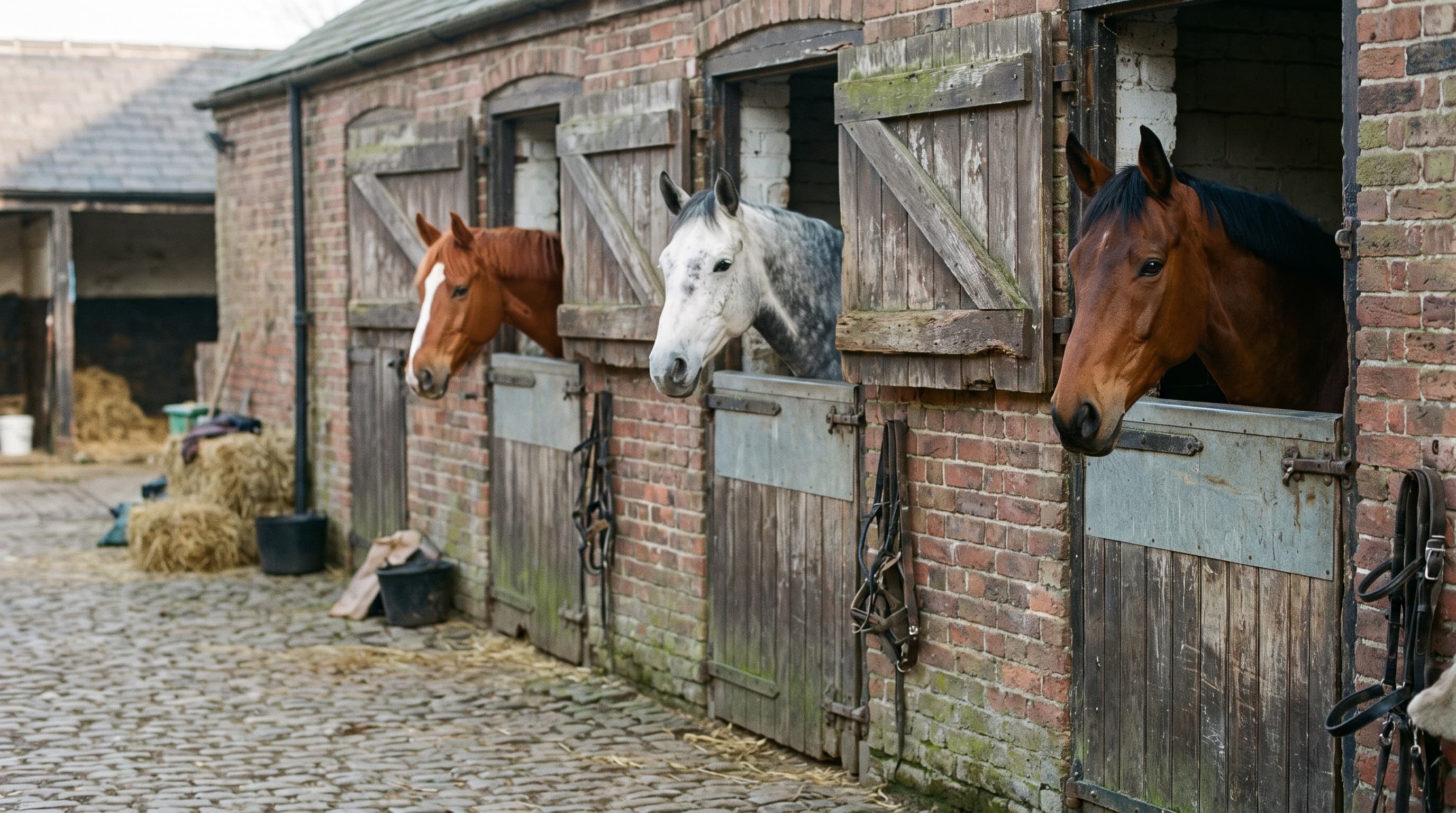 Ein Fuchs mit Blesse, ein Apfelschimmel und ein Brauner schauen über die Türen eines Backstein-Stalls auf einen gepflasterten Hof.