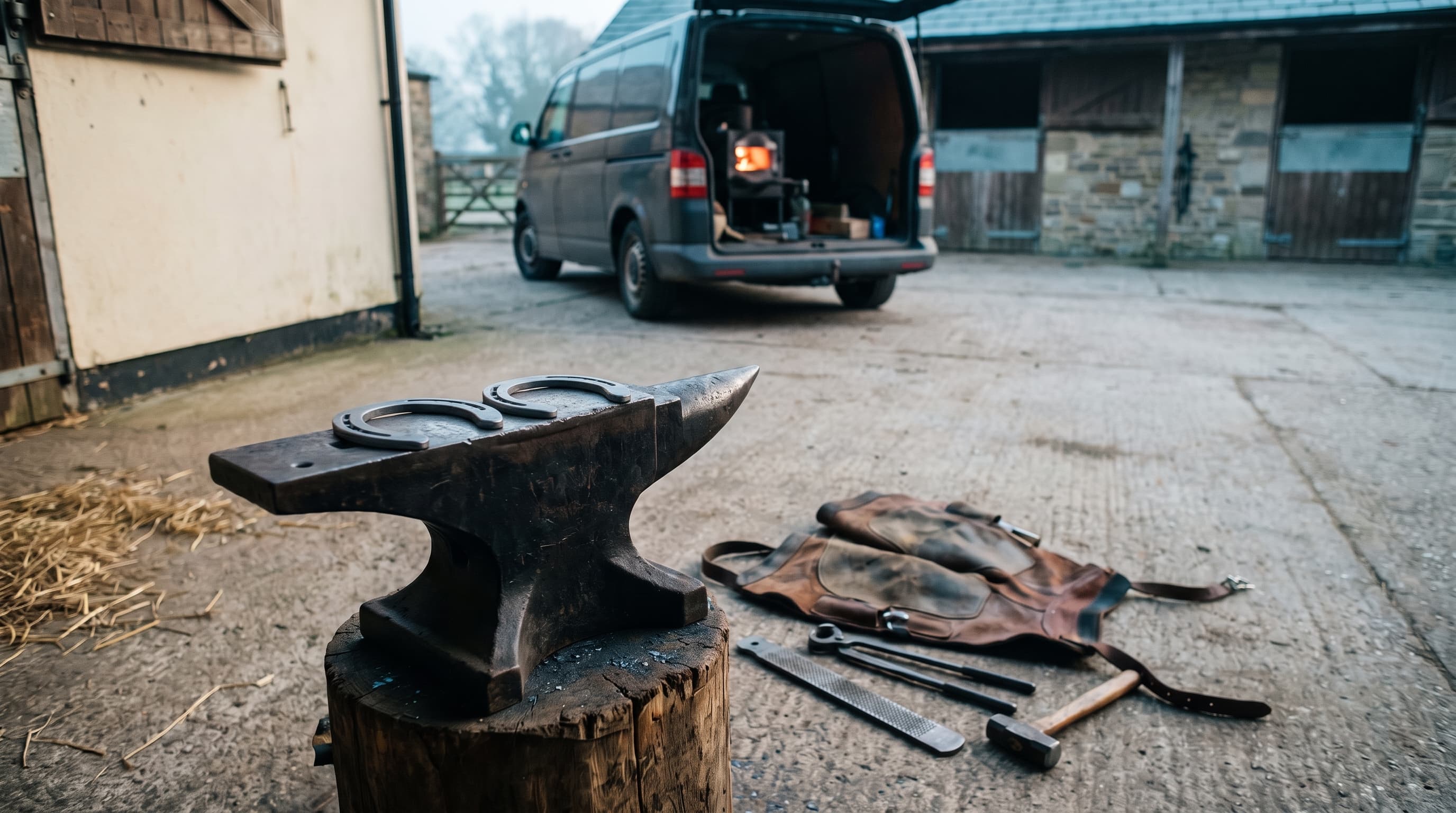 Ein schwarzer Amboss auf einem Holzklotz in einem Stallhof im ersten Morgenlicht, zwei neue Hufeisen darauf, eine lederne Schmiedeschürze, eine Raspel, eine Hufzange und ein Hammer auf dem Beton, dahinter ein offener Transporter mit einer kleinen glühenden Esse.