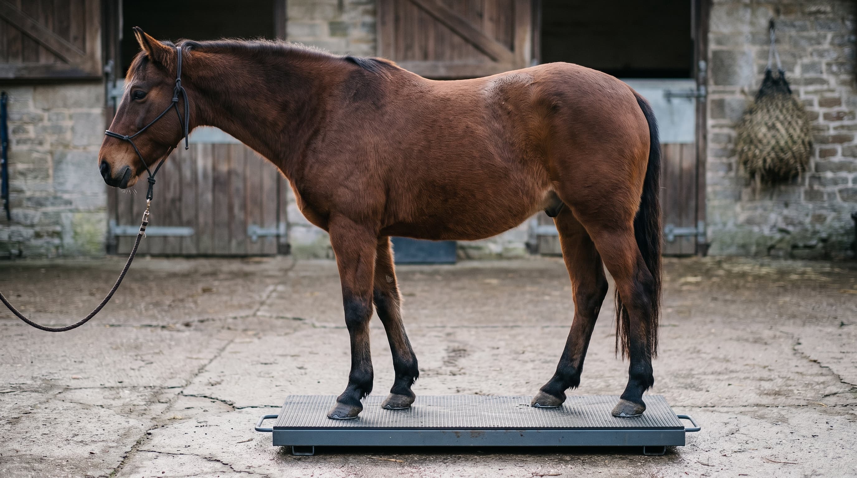 Ein braunes Pferd mit Knotenhalfter steht seitlich auf einer niedrigen grauen Viehwaage in einem gepflasterten Stallhof, dahinter hölzerne Boxentüren und ein Heunetz an der Wand.