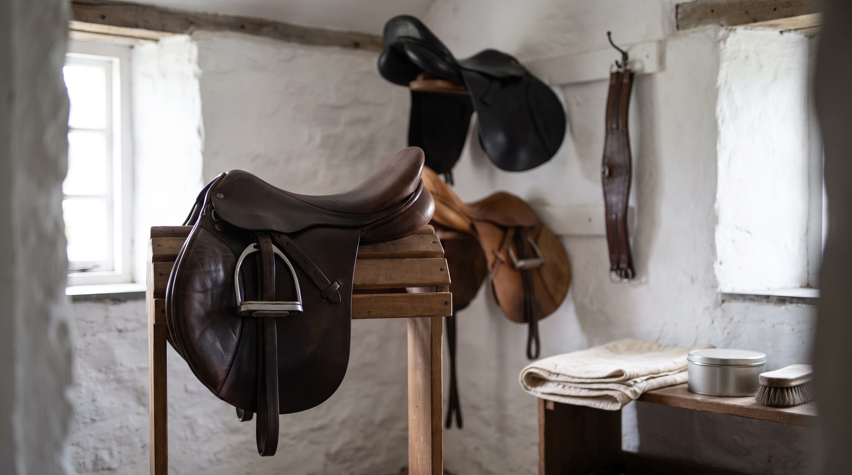 Ein brauner englischer Ledersattel auf einem hölzernen Sattelbock in einer weiß gekalkten Sattelkammer, ein Steigbügel hängt an seinem Sattelblatt, an der Wand dahinter weitere Sättel und ein Sattelgurt, auf einem Regalbrett eine gefaltete Satteldecke, eine Dose und eine Bürste.