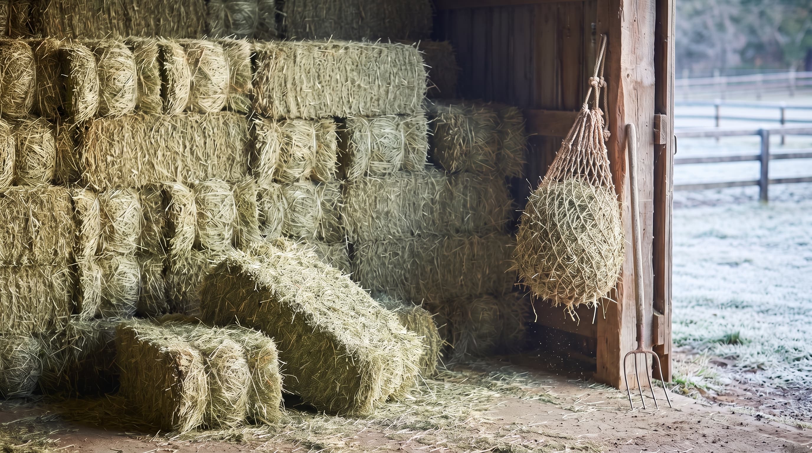 Ein Stapel kleiner Heuballen in einer Holzscheune, davor ein aufgefallener Ballen, ein gefülltes Heunetz an einem Pfosten und daneben eine angelehnte Heugabel, durch das offene Tor ein Paddock im Raureif.