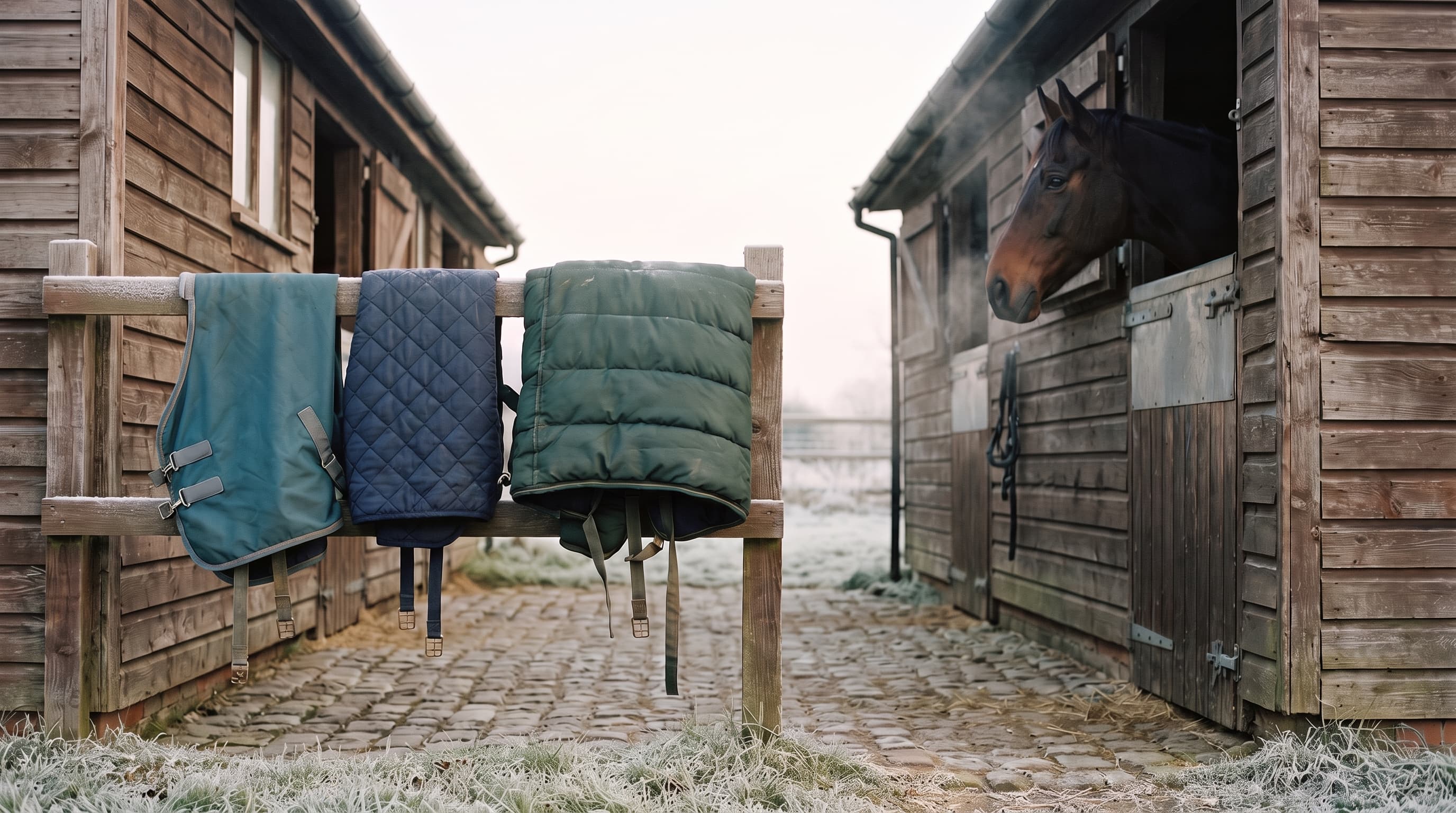 Pferdedecken unterschiedlicher Stärke über einem bereiften Holzbalken in einem gepflasterten Stallhof im ersten Morgenlicht, rechts ein braunes Pferd, das über eine Boxentür blickt, sein Atem in der kalten Luft sichtbar.